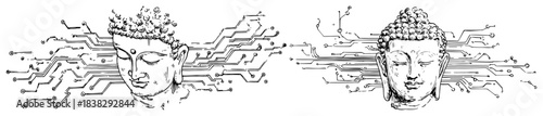 Hand drawn Buddha head with electronic circuit board traces illustrating cyber spirituality and digital zen concept