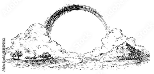 Hand drawn landscape with rainbow clouds mountains and trees in vintage engraving style
