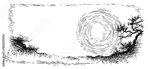Scenic landscape with old pine tree and large sun or moon Hand drawn ink sketch vector illustration of nature