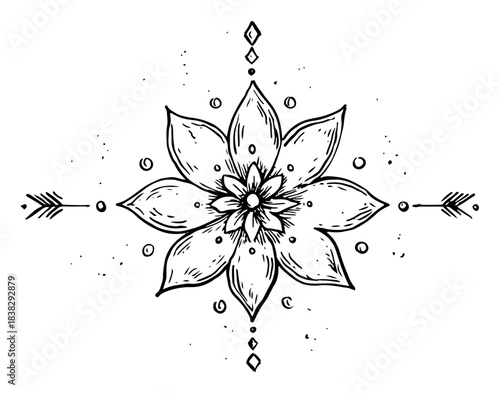Decorative floral mandala with arrows and geometric elements Hand drawn ink sketch vector symbol in boho style