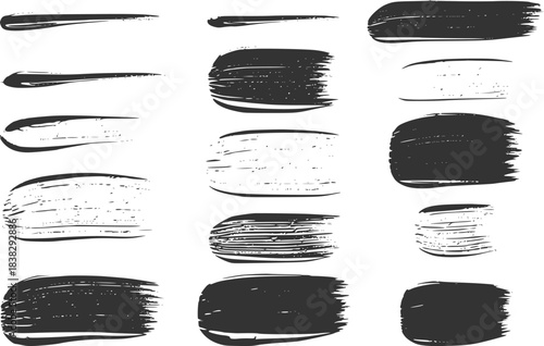 Collection of twelve hand drawn black ink brush stroke swipes and smears isolated on transparent background
