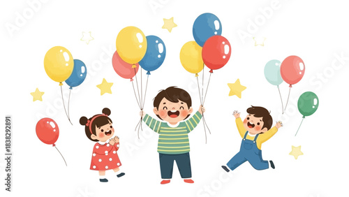 Joyful Celebration with Balloons: A group of happy children, radiating pure joy, are captivated by colorful balloons, dancing in a scene of boundless fun and celebration.