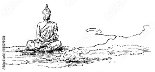 Hand drawn sitting Buddha vector illustration with minimal landscape background sketch of meditating spiritual figure in lotus position using engraving style
