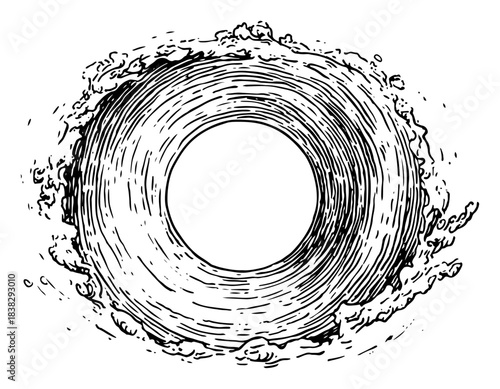 Hand drawn vortex circle vector sketch with swirling whirlpool pattern and radial lines in black and white doodle style