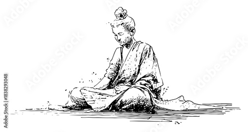 Hand drawn vector sketch of young buddhist monk meditating in sitting position wearing traditional robes with ink splatter details