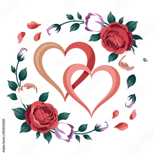 Two intertwined hearts surrounded by roses and leaves on transparent background vector illustration, romantic floral design, decorative love symbol