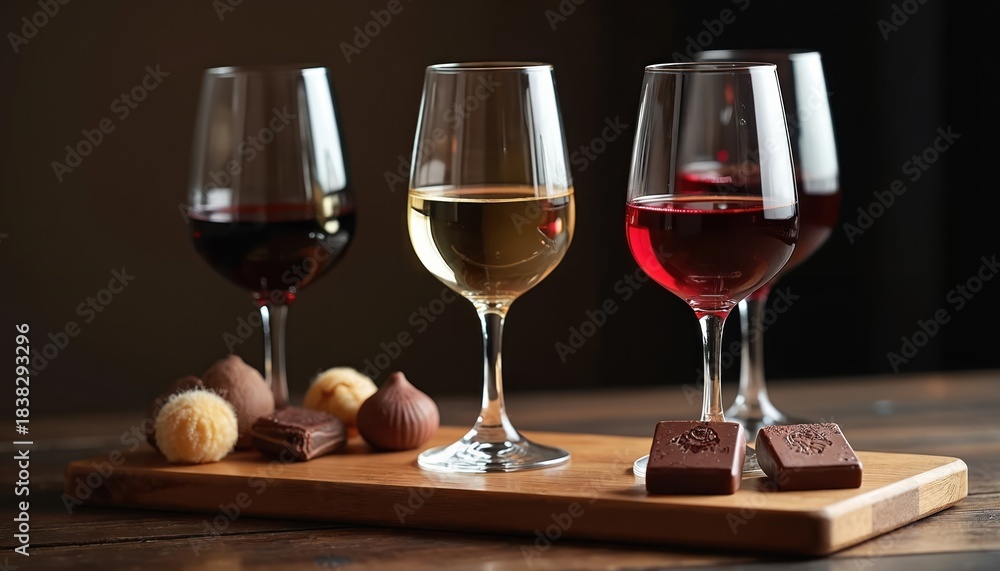 Obraz premium Three elegant wine glasses hold red, white, rose wine. Various chocolates, truffles sit on rustic wooden board. Inviting setup suggests luxurious wine pairing experience for special romantic evening