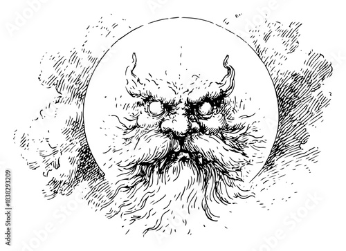 Hand drawn angry mythical face inside a circle representing a fierce bearded demon or wind spirit with vintage engraving style and hatching texture