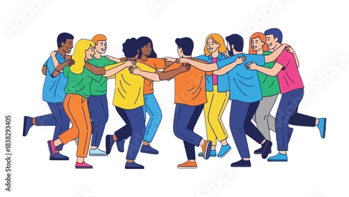 Harmony and Unity: A vibrant group of people comes together in a circle, arms interlocked, moving in rhythm, evoking feelings of togetherness, collaboration, and shared connection.