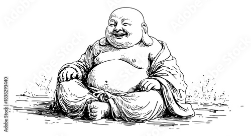 Happy laughing Buddha sitting with big belly and robes Hand drawn ink sketch vector illustration of lucky Hotei
