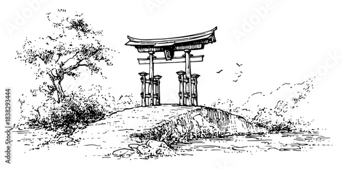 Japanese Torii gate landscape with pine tree and birds in traditional vintage engraving style