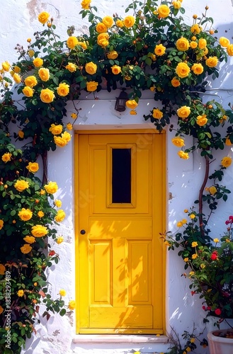 Gelbe Rosen umrahmen eine gelbe Tür in einer weißen Wand im  Süden.
