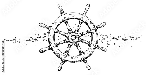 Wooden ship steering wheel or nautical helm Hand drawn ink sketch vector illustration of marine travel
