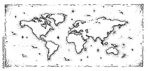 Hand drawn vintage world map vector illustration featuring sketch style continents and decorative border with stippling texture