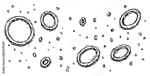 Hand drawn abstract vector background featuring scattered floating rings and circles in doodle sketch style