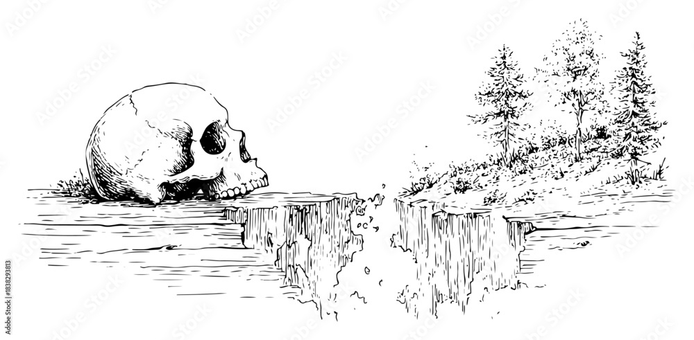 Fototapete Hand drawn vector sketch of human skull resting on rocky cliff edge with pine tr