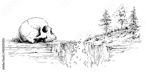 Hand drawn vector sketch of human skull resting on rocky cliff edge with pine trees forest in background Memento mori nature illustration
