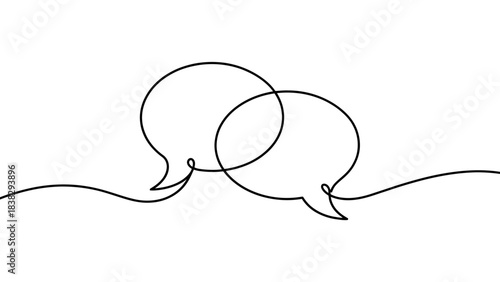 Minimalist line drawing of overlapping speech bubbles, continuous loop design, dialogue and communication icon, stylized vector illustration, interaction symbol, clean contour, modern graphic