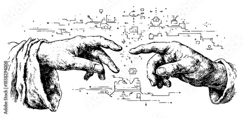 Creation of Adam hands reaching with digital circuit technology background in vintage sketch style