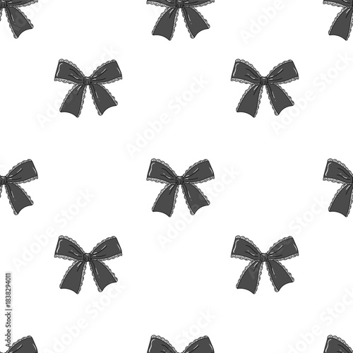 Elegant seamless pattern of lace black bows on a white background. Stylish and feminine design perfect for fashion textiles, wrapping paper, gift packaging, stationery, and romantic-themed projects