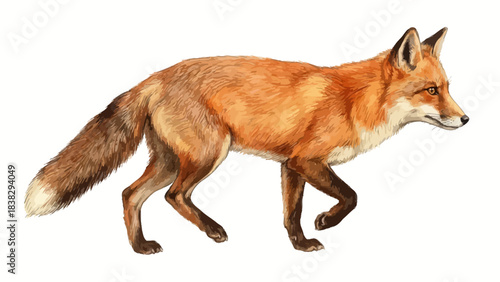 Realistic red fox walking side profile, reddish-brown coat, bushy tail with white tip, wildlife illustration, nature animal graphic, educational vector, isolated on white background
