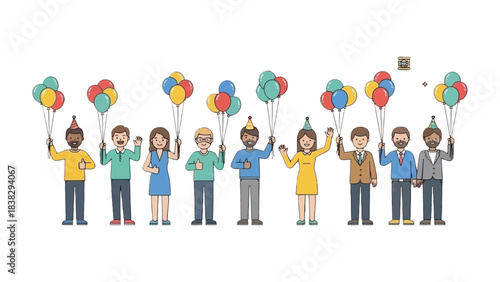 Celebration of Diversity with Balloons: A joyous ensemble of individuals, each with unique attire, unites to celebrate, their hands raised in festive cheer as vibrant balloons float skyward.