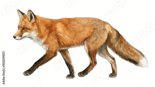Realistic red fox walking side profile, reddish-brown coat, bushy tail with white tip, wildlife illustration, nature animal graphic, educational vector, isolated on white background