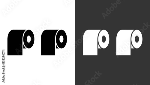 Toilet paper roll orientation comparison icon, over vs under styles, black and white silhouette graphic, mirrored layout design, minimalist vector illustration, bathroom symbol, clean contrast