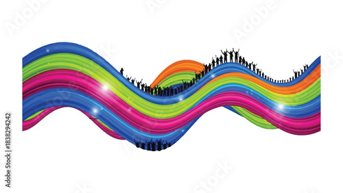 Harmony of Colors and Community: A vibrant display of colors intertwines, forming a dynamic wave that carries a community of unified figures, capturing themes of solidarity and cooperation.