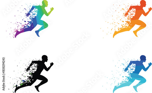 Set of Running Man Silhouettes with Colorful Geometric and Particle Dispersion Effect Representing Speed, Motion, Energy, and Sport Performance Vector.