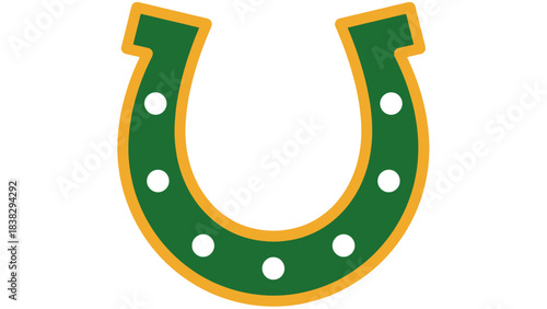 Stylized green horseshoe icon with yellow outline and white holes, good luck symbol, clean vector design, minimalist fortune graphic, protective charm illustration, isolated on light background