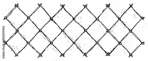 Hand drawn vector sketch of chain link fence pattern or knotted fishing net texture Wire mesh barrier background