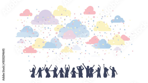 Sky High Celebration: Silhouetted figures exult beneath a sky of pastel clouds and confetti, embodying joy and elation