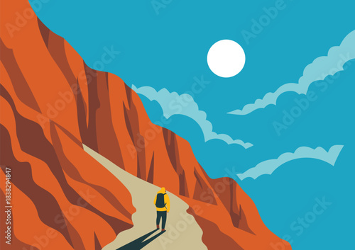 Lone traveler on a challenging hiking trail ascending a winding mountain path with a backpack during a solitary journey toward the summit of a remote peak