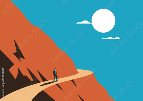 Lone traveler on a challenging hiking trail ascending a winding mountain path with a backpack during a solitary journey toward the summit of a remote peak