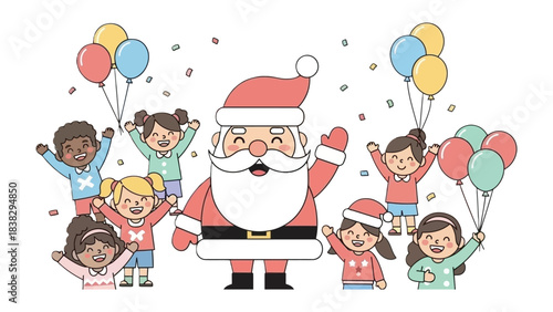 Holiday Cheer: A merry illustration captures Santa Claus surrounded by joyful children, their faces alight with the spirit of the season. Balloons float in the background as confetti rains down.
