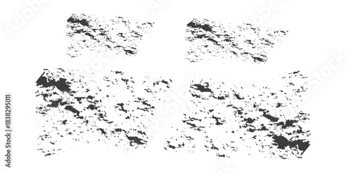 This is a digital art piece featuring four abstract, textured shapes arranged in a 2x2 grid. The shapes are rendered in black and white, with a grainy, textured appearance that suggests a rough 