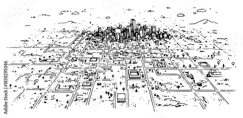 Hand drawn modern city map vector illustration showing isometric downtown grid with skyscrapers and suburbs sketch in line art style