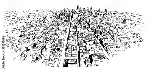 Hand drawn vector sketch of panoramic city skyline with skyscrapers and dense urban buildings Aerial view of metropolis architecture