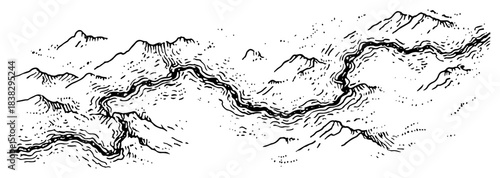 Hand drawn winding river flowing through mountain landscape in vintage top view map style