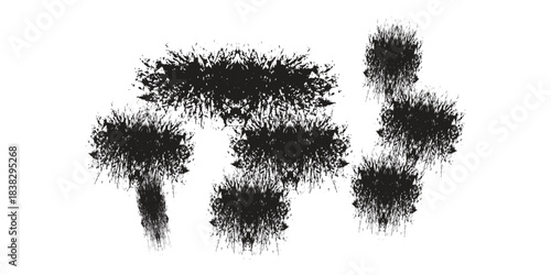 This abstract image features a cluster of black, spiky shapes on a white background. The shapes appear to be made of many small, thin lines radiating outwards, resembling dandelion seeds or exploded 