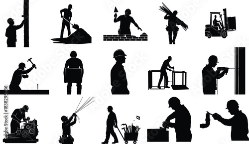 Diverse silhouettes of people performing various construction jobs