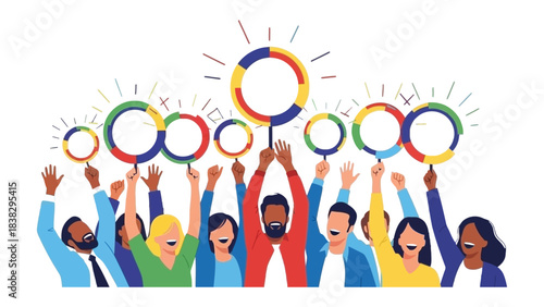 Teamwork for Innovative Goals: A vibrant illustration showcasing a diverse group of individuals united in reaching ambitious objectives, symbolizing collaborative effort and inventive thinking.