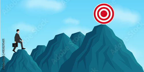 Businessman Climbing to Peak of the Mountain to Reach Target. Goal Achievement and Business Success Concept. 