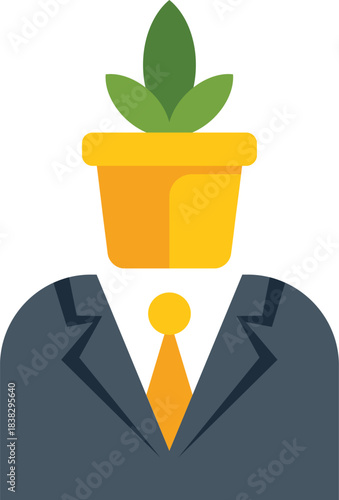 Businessman with plant pot as head, symbolizing growth mindset, innovative ideas, and sustainable business development