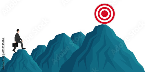 Businessman Climbing to Peak of the Mountain to Reach Target. Goal Achievement and Business Success Concept. 