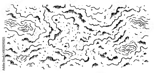 Hand drawn vector sketch of abstract organic shapes resembling fantasy map topography or terrain texture Irregular ink spots and lines background
