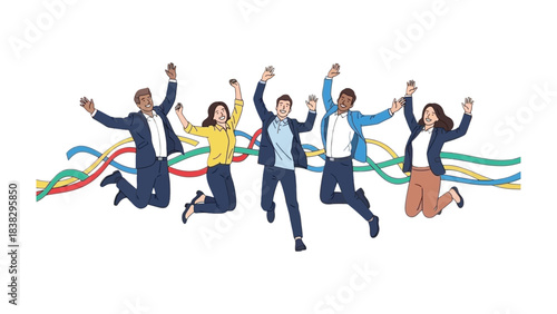 Jumping in Jubilation: A vibrant illustration depicts a dynamic team, arms raised high, leaping with joy and excitement. The colorful streamers symbolize their shared journey toward success and unity.