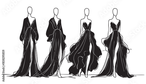 Fashion girls sketch in pompous black dress, stylized silhouettes isolated. Vector fashion illustration
