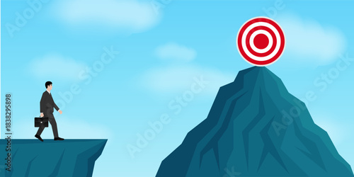 Businessman Walking to Peak of the Mountain to Reach Target. Goal Achievement and Business Success Concept. 